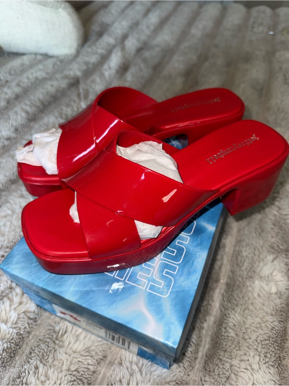 Jeffrey Campbell Red Patent Crisscross Block Heel Mules